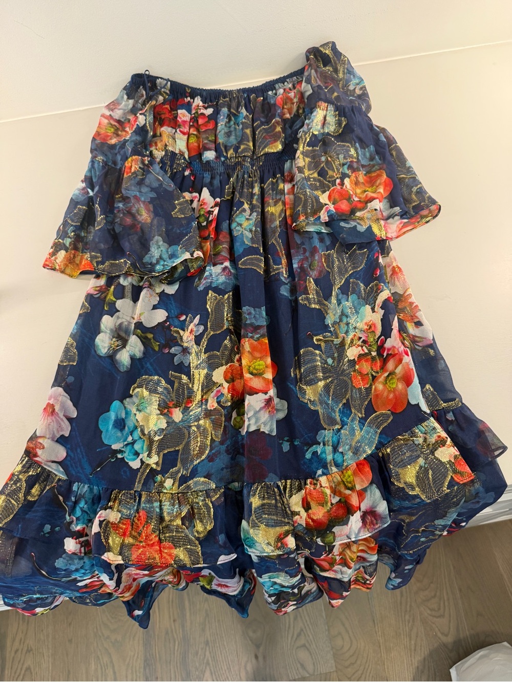 Nicole Miller Navy Floral Ruffle Off-Shoulder Dress with Gold Accents